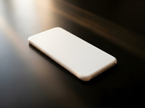 Blank white smartphone screen mockup on dark desk surface featuring soft natural side lighting for mobile apps presentation