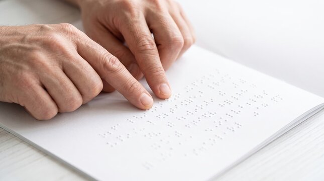 A person reads braille with their fingers on a page. The setting shows a light room with a clean surface. It is afternoon and focuses on the act of reading