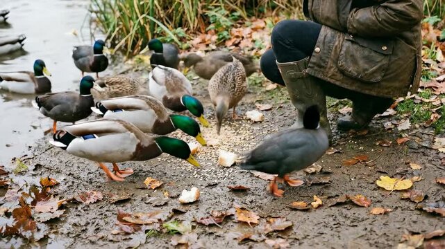 Woman crouches near pond feeding ducks with bread. Surrounding area features autumn leaves and water. Concept of wildlife interaction, nature appreciation, outdoor activities