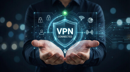 Fototapeta premium Person holding virtual shield with VPN connected hologram, digital security concept