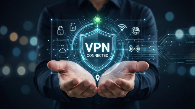 Person holding virtual shield with VPN connected hologram, digital security concept
