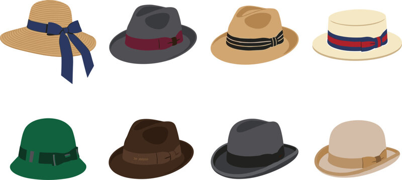 Elegant hats vector set featuring stylish fedoras straw sun hat boater trilby and cloche with decorative ribbons isolated on white background