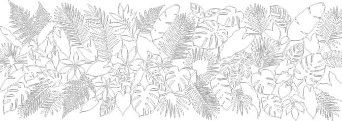 Fototapeta premium Tropical leaf border, gray line art, foliage frame, vector illustration