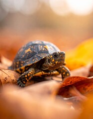 Obraz premium Eastern Box Turtle in Golden Autumn Leaf Litter
