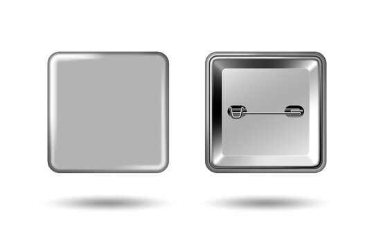Silver badge mockup. Square badge button brooch. Realistic black blank glossy quadrilateral button badge pin with metal back cover. Vector illustration.