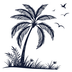 Obraz premium Black silhouette of tropical palm tree against white background