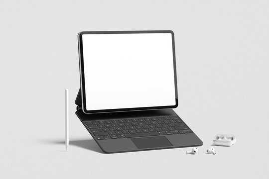 Tablet mockup on minimal background. Modern tablet display mockup scene. Tablet with empty screen. Photo mockup with clipping path