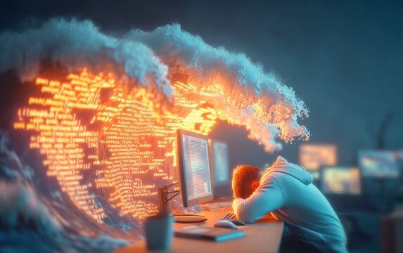 Developer Overwhelmed by Code Debugging Error with Wave Concept Visual