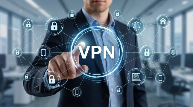 Businessman interacting with virtual VPN interface, digital security and privacy technology concept