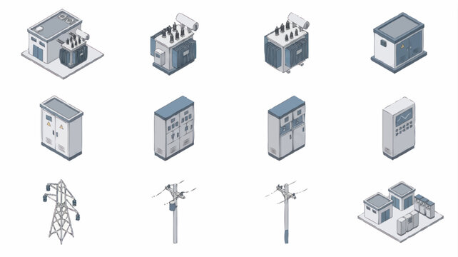 Isometric industrial buildings and power line towers.