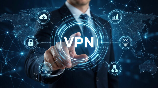 Businessman interacting with virtual VPN interface on digital globe for cybersecurity and privacy technology