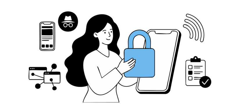 Cyber security mobile phone privacy woman holding a padlock to protect personal data from spyware hackers and wireless network threats, safe digital identity vector design concept illustration assets.