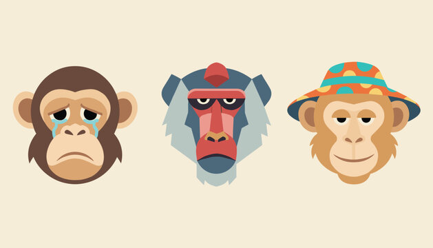 Playful set of three diverse monkey faces displaying a sad crying expression, a neutral look, and a happy smiling face.