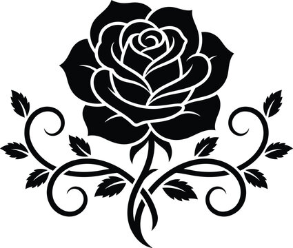Classic black rose blossom vector art with flowing ornamental vine details