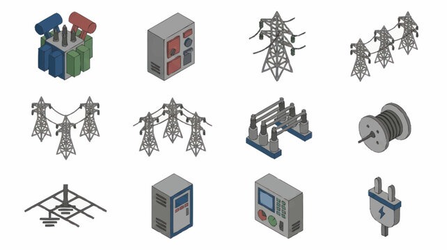 Isometric industrial technology and electrical equipment icons set.