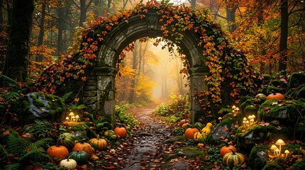 Fototapeta premium Stone archway covered in autumn vines with pumpkins in a misty forest setting
