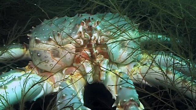 An intimate gaze upon a large Red King Crab, Paralithodes Camtschaticus, as it rests among lush underwater plants.