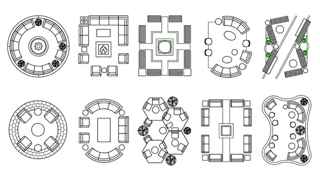 Outdoor seating arrangements and patio lounge layouts cad vector blocks

