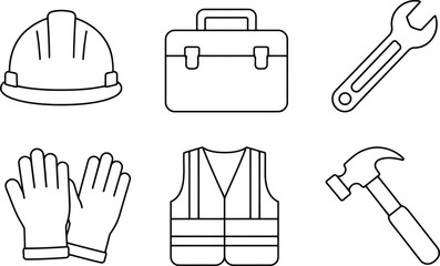 Fototapeta premium Set of construction worker tools and safety equipment icons in simple black line art style