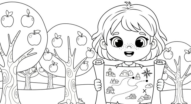 Cartoon girl holding a map with apple trees.
