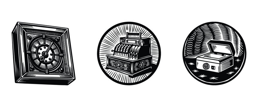 Linocut Black Friday vector design bundle featuring hand drawn vintage safe box vault, retro cash register till, and open security locker icons in a classic woodcut stamp style.