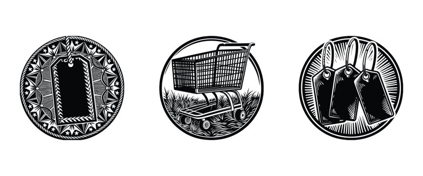 Linocut Black Friday vector design bundle featuring hand drawn vintage price tag label on mandala background, retro shopping cart trolley, and hanging discount tags.