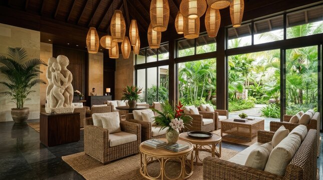Tropical resort lobby with wicker furniture and garden view.