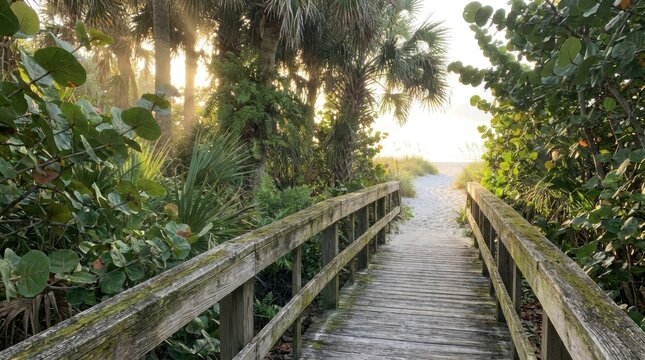 Wooden boardwalk path leading to a tropical Caribbean beach at sunrise