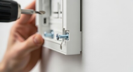 Naklejka premium Installing thermostat with screwdriver on wall, hands working on home improvement project, close-up of secure screws and modern design. Home renovation theme for DIY enthusiasts.