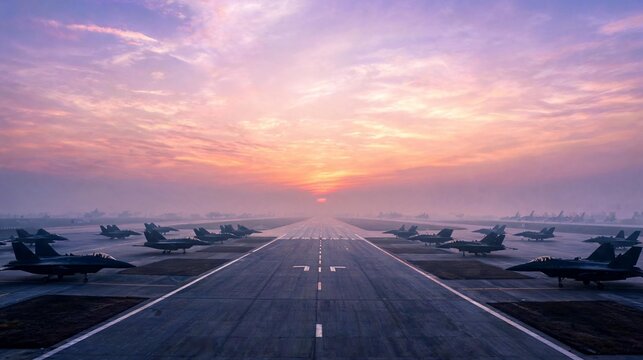 Multiple military fighter jets parked on a long airport runway during a beautiful vibrant sunset