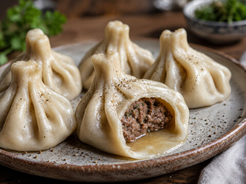  Khinkali georgianos abiertos mostrando un jugoso relleno de carne y caldo.