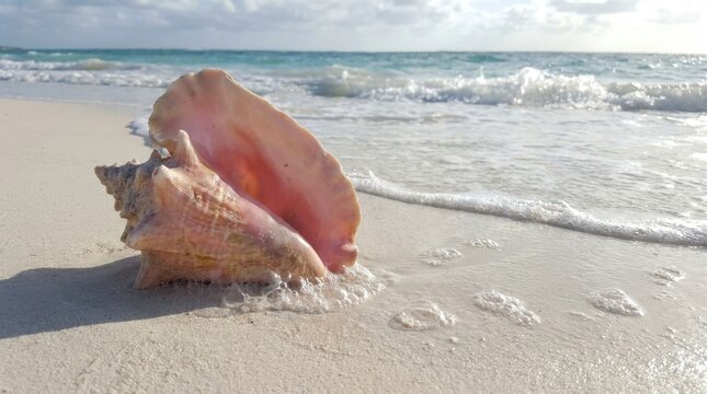 Large pink conch shell on white sand Caribbean beach