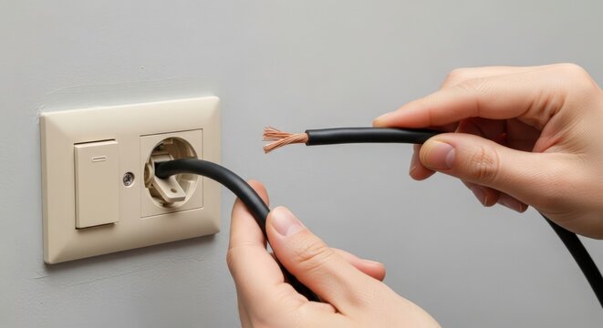 Home electrical maintenance with hands connecting wire to wall socket. Electrical wiring includes black cable, stripped copper end for proper connection, ensuring safe electricity flow in household.