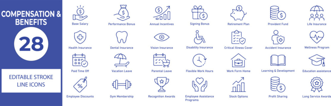 Compensation and Benefits Vector Outline Icons Set &ndash; Employee Benefits, HR, Payroll, Insurance and Workplace Line Symbols Collection