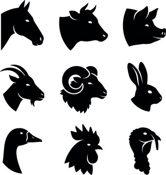 Farm animals head profile silhouette vector icon set with cow horse pig ram goat rabbit poultry collection