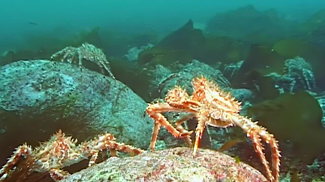 Witness the silent, profound migration of large red King Crabs, Paralithodes Camtschaticus, as they traverse the Arctic seabed in its cold, dark embrace. A breathtaking natural spectacle unfolds.