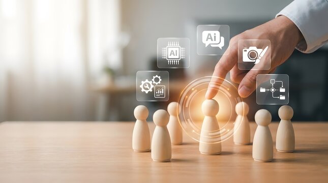 Artificial intelligence human resource management concept hand selecting wooden figure with glowing tech icons representing automated recruitment and workforce optimization
