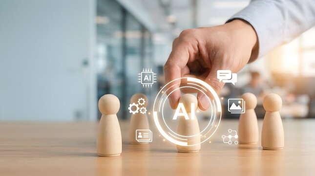 Implementing artificial intelligence in business team hand placing wooden figure with AI symbol representing technological adoption and machine learning integration