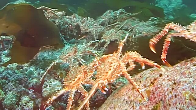 A sprawling colony of Red King Crabs, Paralithodes Camtschaticus, embarks on a vital migration. They crawl purposefully across the rocky seabed in the cold waters of the Arctic.