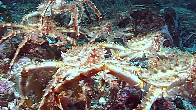 Experience a fascinating spectacle as colossal red King Crabs, Paralithodes Camtschaticus, perform their annual migration across the deep, icy seabed of the Arctic Ocean during winter.