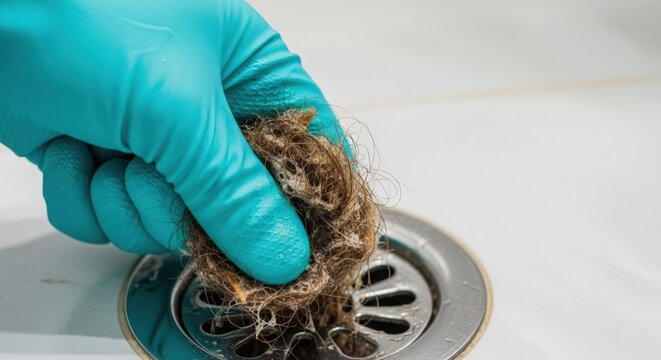Cleaning clogged drain with hand in blue glove removing hair and debris from sink. Clogged drain reveals build-up of hair and grime needing attention during cleaning process. Concept home maintenance.