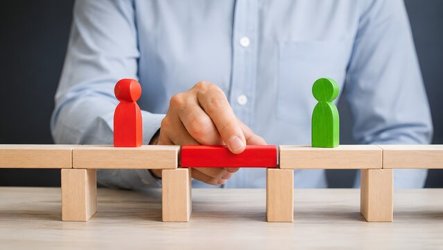 Resolving corporate conflict hand building bridge with red wooden block connecting diverse team members symbolizing mediation and successful partnership