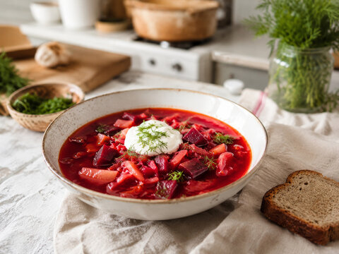  Borscht casero con remolacha, verduras y carne de res, coronado con crema agria y acompa&ntilde;ado de pan de centeno.