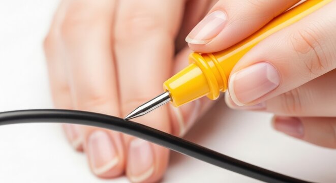 Hand using yellow marker on black cord. Close-up shot of hand holding a yellow marking pen, applying ink on a black electrical wire. Practical use of yellow marker for art or repair projects.