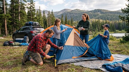 Fototapeta premium A family works together to set up a tent in a picturesque campsite surrounded by pine trees and mountains, embodying the spirit of outdoor adventure and bonding.