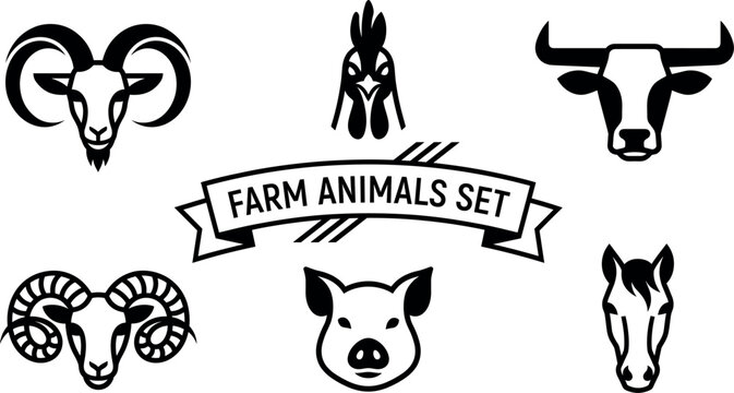 Farm animals head silhouette logo set with ram chicken bull pig horse banner isolated on transparent background