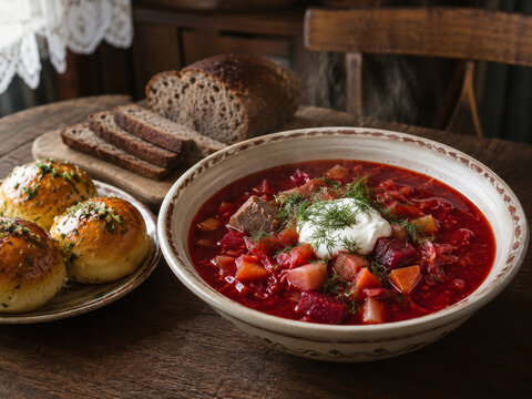  Borscht ucraniano con remolacha, carne de res, verduras y crema agria, acompa&ntilde;ado de pan de centeno y panecillos.