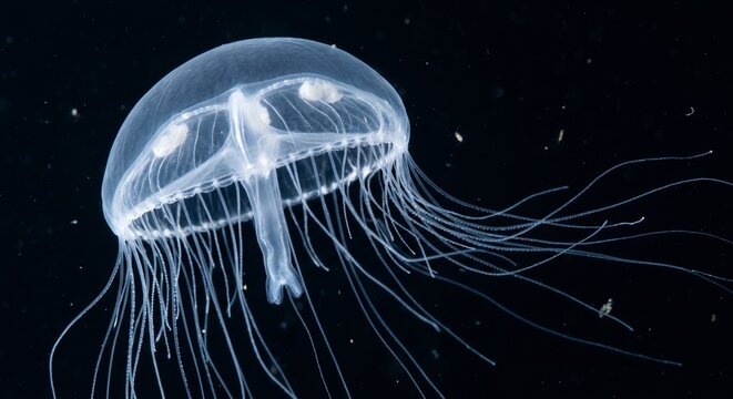 Translucent Craspedacusta sowerbii medusa showing gonads and tentacles on dark background biology