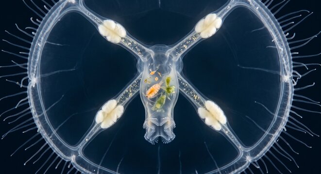 Extreme macro of transparent freshwater jellyfish medusa digesting a captured copepod