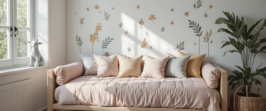 Cozy pastel pink daybed in bright modern nursery with natural light and plants